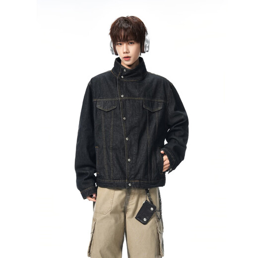 OEMG slant collar classic short wide denim jacket men's spring and autumn cleanfit high-end fashion brand top jacket denim color high quality XL recommended 120-140Jin Jin equals 0.5 kg