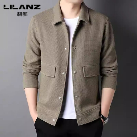 LILANZ Spring and Autumn Lapel Work Jacket Men's Waffle Solid Color Knitted Jacket Light Business Commuting Casual Men's Top Bean Green Regular Style) yy-858 XL