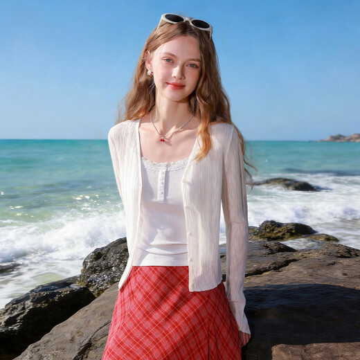 Sancai Song Yi's same style cream sweater 2026 summer new texture long-sleeved cardigan light and short M