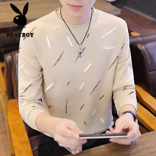 Playboy Spring and Autumn New Men's Round Neck Sweatshirt Youth Long Sleeve T-Shirt Student Korean Print Trend Top Clothes 6702 Black M 80-100Jin Jin is equal to 0.5 kg