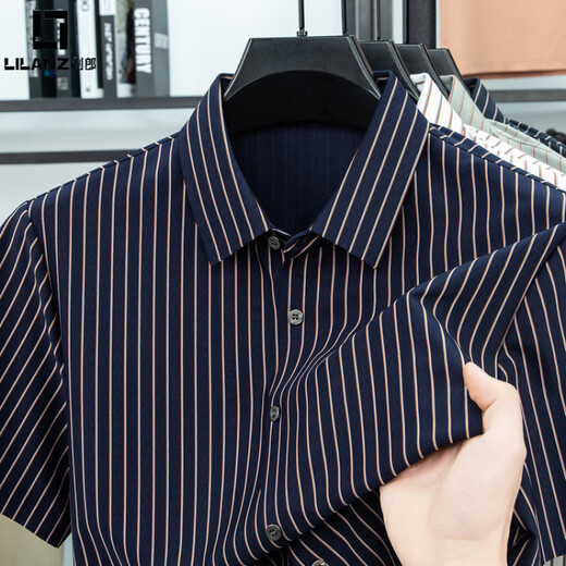 LILANZ vertical striped short-sleeved shirt men's summer thin fashion trend handsome shirt loose fashion casual top Shangqing XL 115