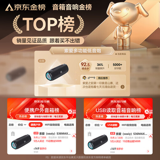 索爱（soaiy）S36MAX旗舰款大功率无线蓝牙音箱户外露营便携音响广场舞车载电脑低音炮收款U盘高音质礼物小音响