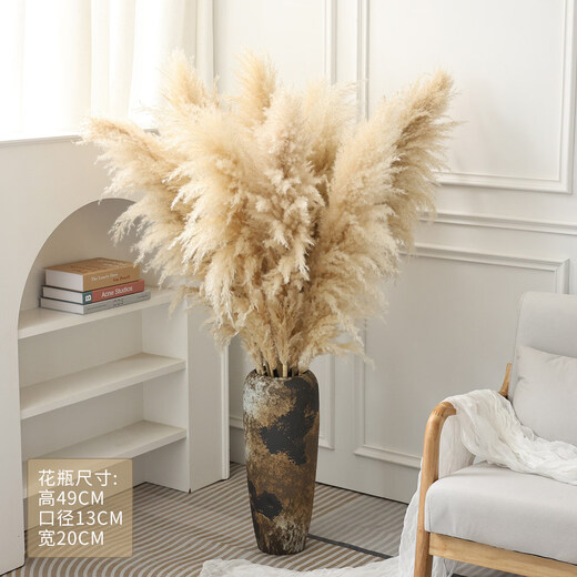 Internet celebrity natural reed pampas grass dried flower bouquet living room window soft decoration exhibition hall layout floor flower arrangement photo props 10 large pampas grass + mottled floor vase_length 120CM
