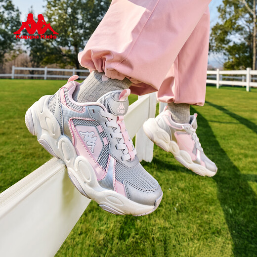 Kappa Children's Shoes Children's Sports Shoes Breathable Mesh 2026 New Spring Cushioning Wear-Resistant Casual Running Shoes for Men and Women Big Children Cold Gray/Light Lotus Pink 38