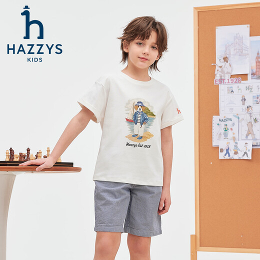 HAZZYS children's clothing boys' short-sleeved 2026 Xiaxin liquid ammonia double-sided fabric college style short-sleeved T-shirt original white 155