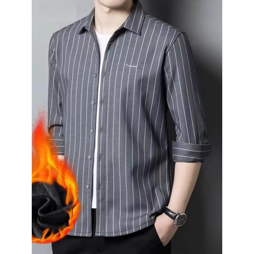 K-Boxing men's new winter style velvet thickened men's warm shirt middle-aged fashion embroidered business casual striped long-sleeved shirt blue L (130-140Jin Jin equals 0.5 kg)