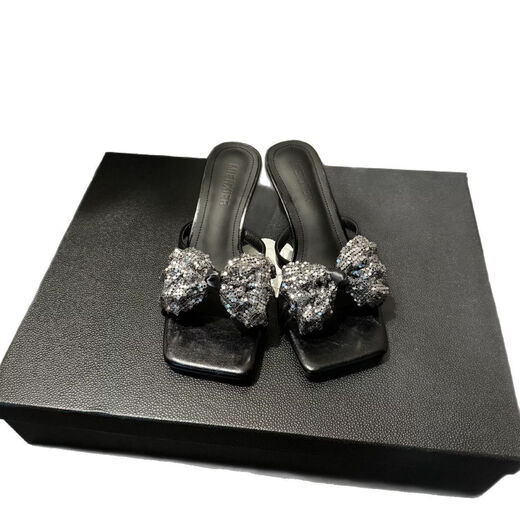 Effie Bangmei 2025 Niche Design Bow Summer New Fashion Versatile and Comfortable High Heel Sandals-5CM Black 34