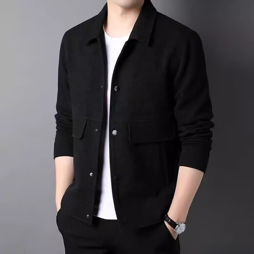 LILANZ Spring and Autumn Lapel Work Jacket Men's Waffle Solid Color Knitted Jacket Light Business Commuting Casual Men's Top Bean Green Regular Style) yy-858 XL