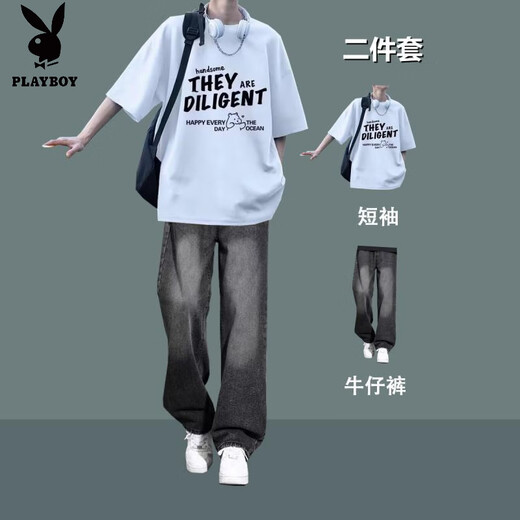 Playboy (PLAYBOY) summer boys' Hong Kong style loose short-sleeved T-shirts for teenagers with trendy jeans men's handsome casual suits 2 pieces T145 pure cotton T-shirt black + 7013 denim M