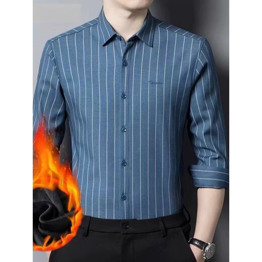 K-Boxing men's new winter style velvet thickened men's warm shirt middle-aged fashion embroidered business casual striped long-sleeved shirt blue L (130-140Jin Jin equals 0.5 kg)