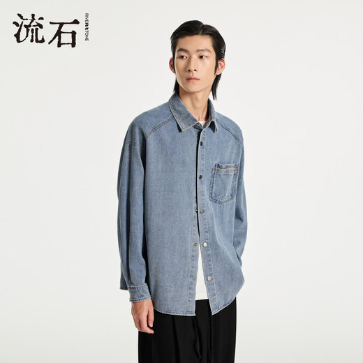 RIVERSTONE Men's Wide Patch Pocket Distressed Denim Shirt 2026 Spring New Men's Simple Lapel Jacket Fashion Denim Blue S/165