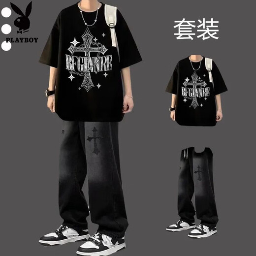 Playboy (PLAYBOY) short-sleeved T-shirt summer suit trendy casual youth men's clothing complete set with jeans trendy two-piece suit Cross short-sleeved black + cross black jeans M number recommended 95-109 Jin Jin equals 0.5 kg