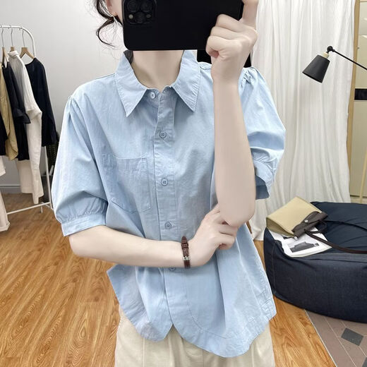 Lingyue Lantern Sleeve Pure Cotton Short-Sleeved Shirt Women's Summer 2026 New Lapel Design Irregular Age-Reducing Top Women's Khaki XL Recommended 115-130 Jin Jin equals 0.5 kg