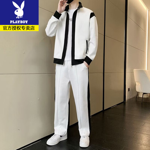 Playboy spring and autumn new color matching sports suit men's trendy fashion casual jacket sweatshirt sweatpants handsome men's clothing set gray (recommended by the store manager) L recommended 115-130Jin Jin equals 0.5 kg