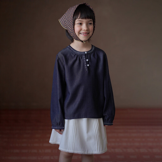 Haqi Children's Clothing 2026 Spring and Autumn Children's Shirt Contrast Color Embroidered Anti-Fading Denim Top Girls' Shirt Cool Lyocell Denim Blue 120