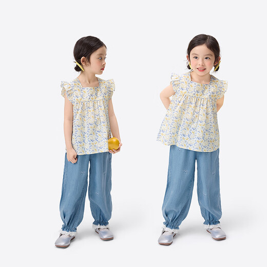 Xiaoyinman girls small flying sleeve baby doll shirt floral short-sleeved shirt 2026 summer new thin shirt blue 105