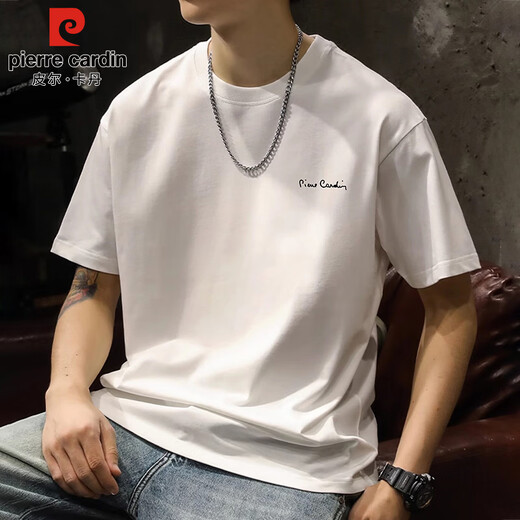 Pierre Cardin short-sleeved T-shirt men's summer heavyweight cotton bottoming shirt men's simple round neck top men's white XL
