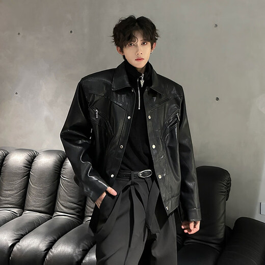 Autumn and winter niche deconstructed handsome motorcycle top jacket men's retro trendy brand PU leather short jacket black M