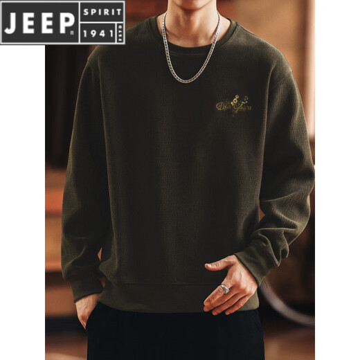 JEEP SPIRIT American retro heavyweight embroidered men's sweatshirt 2026 spring and autumn new loose warm base T-shirt top Khaki green M suitable for 110-130Jin Jin equals 0.5 kg