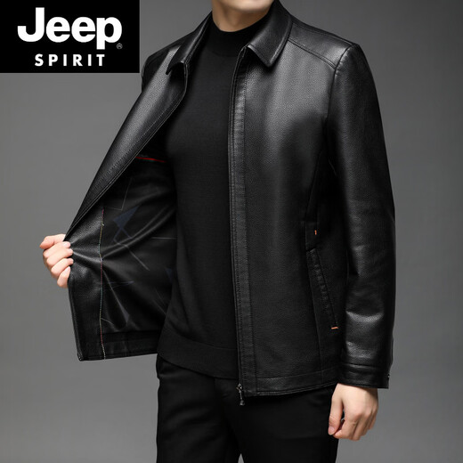 JEEP SPIRIT men's leather jacket men's 2026 autumn new style middle-aged fashion business lapel plus velvet casual men's leather jacket 2101 plus velvet-black L 175