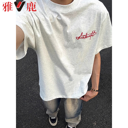 Yalu heavy letter embroidered short-sleeved men's T-shirt summer new pure cotton bottoming shirt simple loose half-sleeved clothes 8043 white gray high quality XL 120-140Jin Jin equals 0.5 kg