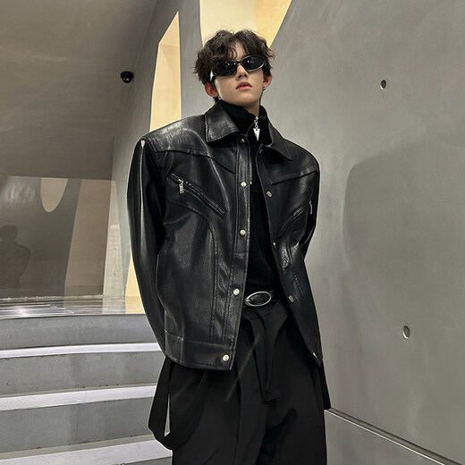 Autumn and winter niche deconstructed handsome motorcycle top jacket men's retro trendy brand PU leather short jacket black M