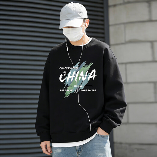 JEEP SPIRIT American Heavyweight Round Neck Sweatshirt Men's 2026 Spring Loose Velvet Thickened Bottoming Shirt Men's Green 2XL Recommended 175-195 Jin Jin equals 0.5 kg