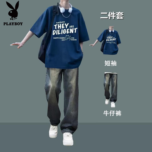 Playboy (PLAYBOY) summer boys' Hong Kong style loose short-sleeved T-shirts for teenagers with trendy jeans men's handsome casual suits 2 pieces T145 pure cotton T-shirt black + 7013 denim M