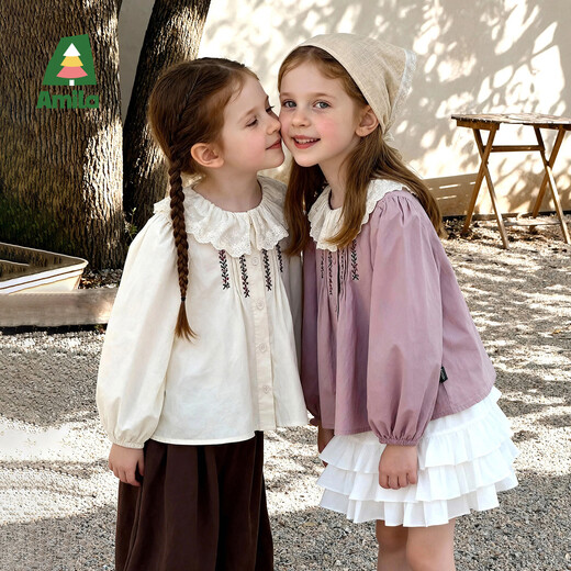 AMILA Spring New 2026 Girls Sweet Lotus Leaf Collar Shirt Children's Cotton Shirt Spring and Autumn Pastoral Style Beige 100