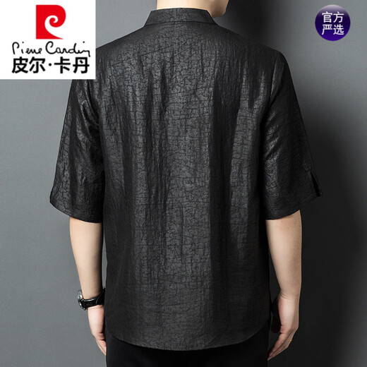 Pierre Cardin high-end Xiangyun yarn 100% mulberry silk summer new men's stand-up collar short-sleeved cracked silk Tang suit shirt black L recommended 130-150Jin Jin equals 0.5 kg