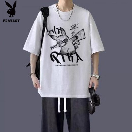 Playboy (PLAYBOY) short-sleeved T-shirt summer suit trendy casual youth men's clothing complete set with jeans trendy two-piece suit Cross short-sleeved black + cross black jeans M number recommended 95-109 Jin Jin equals 0.5 kg
