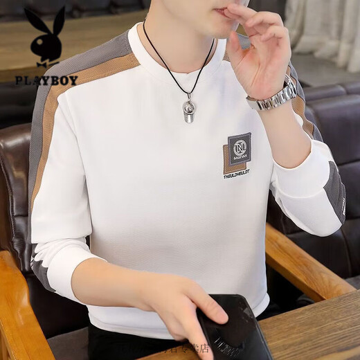 Playboy high-quality sweatshirt for men in spring and autumn casual loose embroidered bottoming shirt clothes trendy versatile long-sleeved T-shirt clothes 606 Khaki + 606 Orange M 80-100Jin Jin equals 0.5 kg