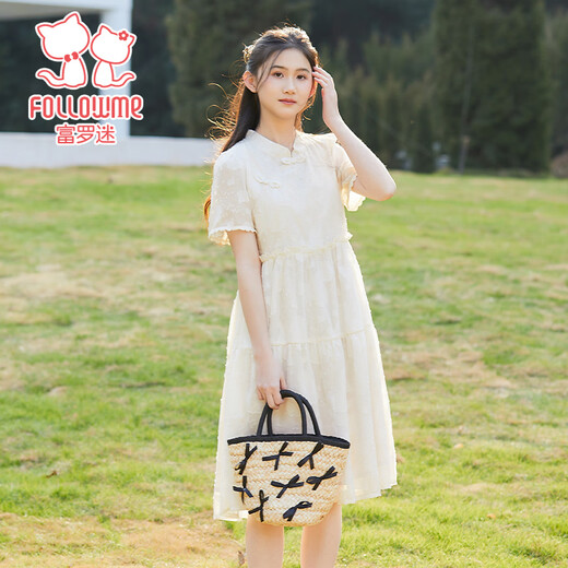 Fuluomi girls skirt summer new new Chinese style improved dress girl sweet American style princess skirt beige 160