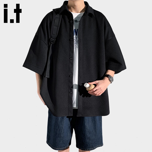 CHOCOOLATE it black waffle short-sleeved shirt men's 2026 summer fashion brand loose casual jacket black XL recommended 130Jin Jin equals 0.5kg -150Jin Jin equals 0.5kg