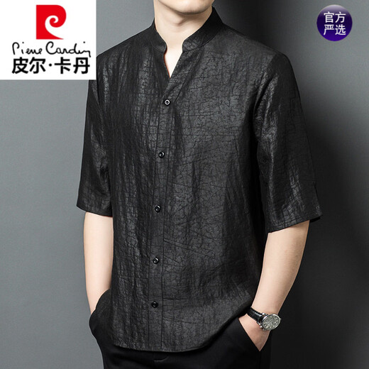 Pierre Cardin high-end Xiangyun yarn 100% mulberry silk summer new men's stand-up collar short-sleeved cracked silk Tang suit shirt black L recommended 130-150Jin Jin equals 0.5 kg