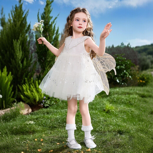 ASK JUNIOR children's skirt 26 summer butterfly vest mesh sequin dress children's dress girls princess dress beige 130