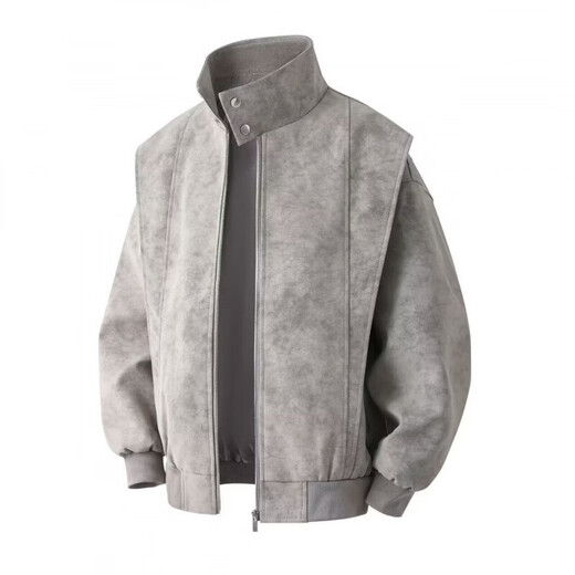 American retro leather jacket for men 2026 new tie-dye jacket spring loose stand-up collar handsome motorcycle jacket for men light gray M