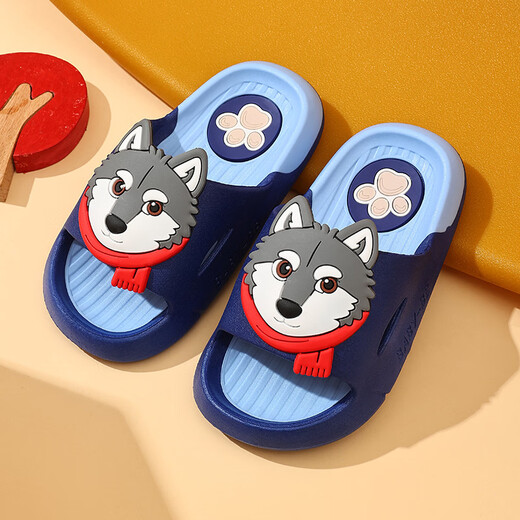 Yunyouli Wolf King Green Children's Slippers Summer Boys' Anti-Slip Soft Bottom Cartoon Parent-Child Slippers Children's Bath Slippers Dark Blue Size 38-39 Inner Length 23cm
