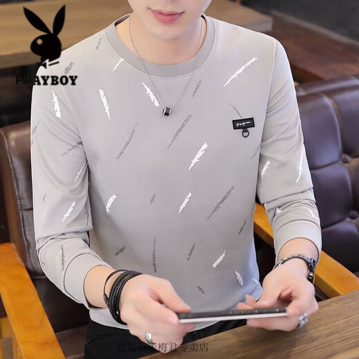 Playboy Spring and Autumn New Men's Round Neck Sweatshirt Youth Long Sleeve T-Shirt Student Korean Print Trend Top Clothes 6702 Black M 80-100Jin Jin is equal to 0.5 kg