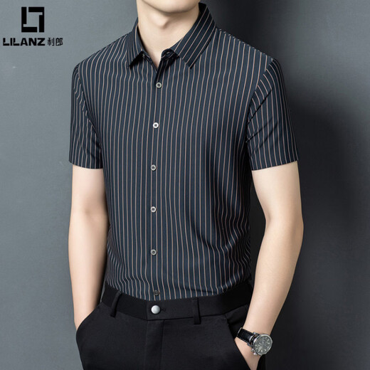 LILANZ vertical striped short-sleeved shirt men's summer thin fashion trend handsome shirt loose fashion casual top Shangqing XL 115