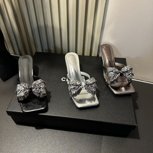 Effie Bangmei 2025 Niche Design Bow Summer New Fashion Versatile and Comfortable High Heel Sandals-5CM Black 34