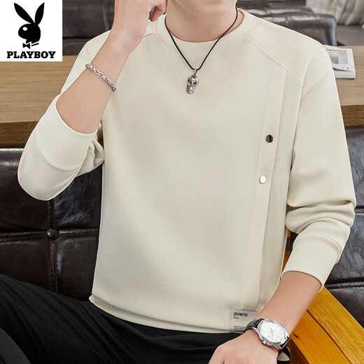 PLAYBOY Men's New 2026 Spring and Autumn Sweater Round Neck Thickened Casual Trendy Warm Bottoming Shirt Long Sleeve T-Shirt Top Black 2XL