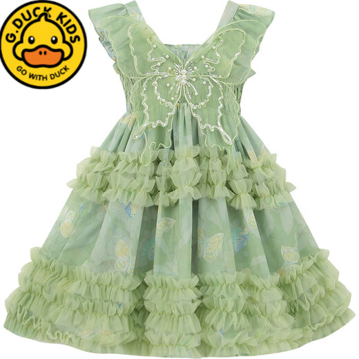 G.duck Girls Dress Summer 2026 New Children's Internet Celebrity Bow Suspender Skirt Girls Puffy Mesh Princess Skirt Green 120 cm