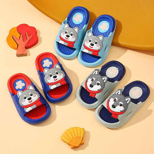 Yunyouli Wolf King Green Children's Slippers Summer Boys' Anti-Slip Soft Bottom Cartoon Parent-Child Slippers Children's Bath Slippers Dark Blue Size 38-39 Inner Length 23cm