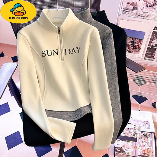 G.duck velvet top for girls 2024 new style half turtleneck zipper fake two-piece versatile warm long-sleeved T-shirt apricot letter 160 recommended height 146-157cm
