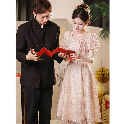 Seidler's new Chinese toast suit Bride 2024 new engagement dress for women in summer can usually wear high-end evening dress pink S (recommended 86-95 Jin [Jin equals 0.5 kg])
