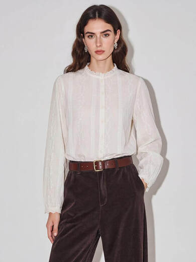 Basic HouseBasic House/Baijiahao design lace white shirt for women spring French long-sleeved shirt beige M