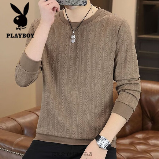 Playboy sweatshirt t-shirt for men 2026 autumn new long-sleeved bottoming shirt for men jacquard plaid casual inner wear autumn clothes F999 white M recommended 90-110Jin Jin equals 0.5 kg