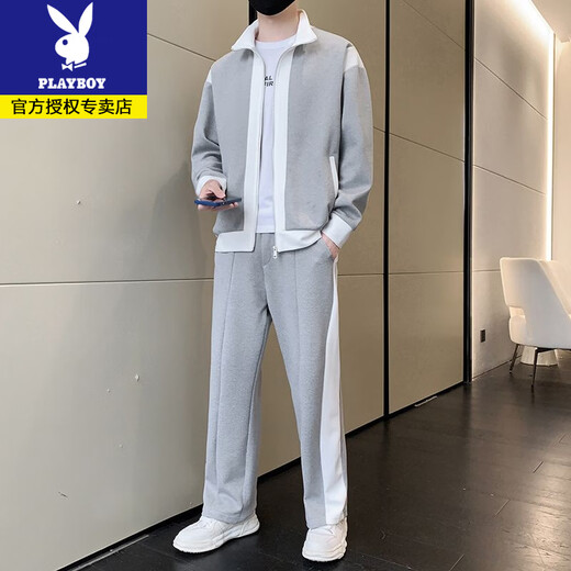 Playboy spring and autumn new color matching sports suit men's trendy fashion casual jacket sweatshirt sweatpants handsome men's clothing set gray (recommended by the store manager) L recommended 115-130Jin Jin equals 0.5 kg
