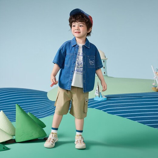 ASK JUNIOR children's cotton shirt summer children's denim shirt jacket boy baby short-sleeved top printing